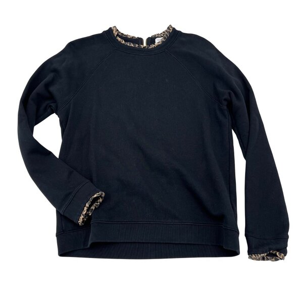 J.Crew Black Sweatshirt With Leopard Trim Crewneck Cotton Womens Size L - Picture 1 of 8
